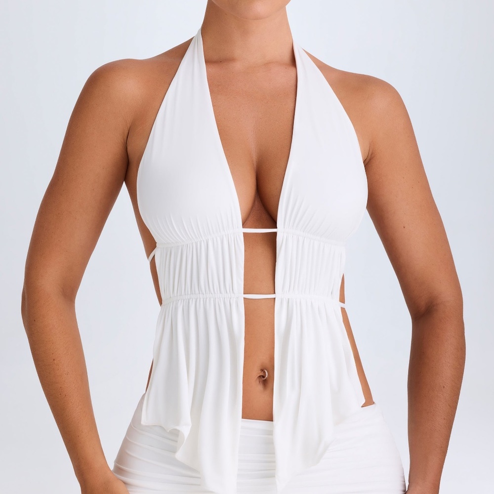 Oh Polly Cut-Out Ruched Halterneck Crop Top in White 2